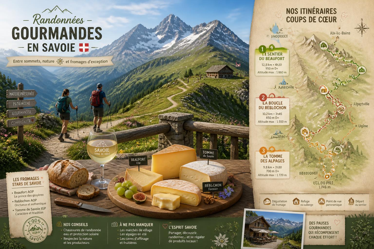 Le Comté : histoire et terroir du Jura découvrez les plus beaux itinéraires de randonnée en savoie alliant nature et gastronomie, avec des étapes gourmandes pour savourer les fromages locaux.