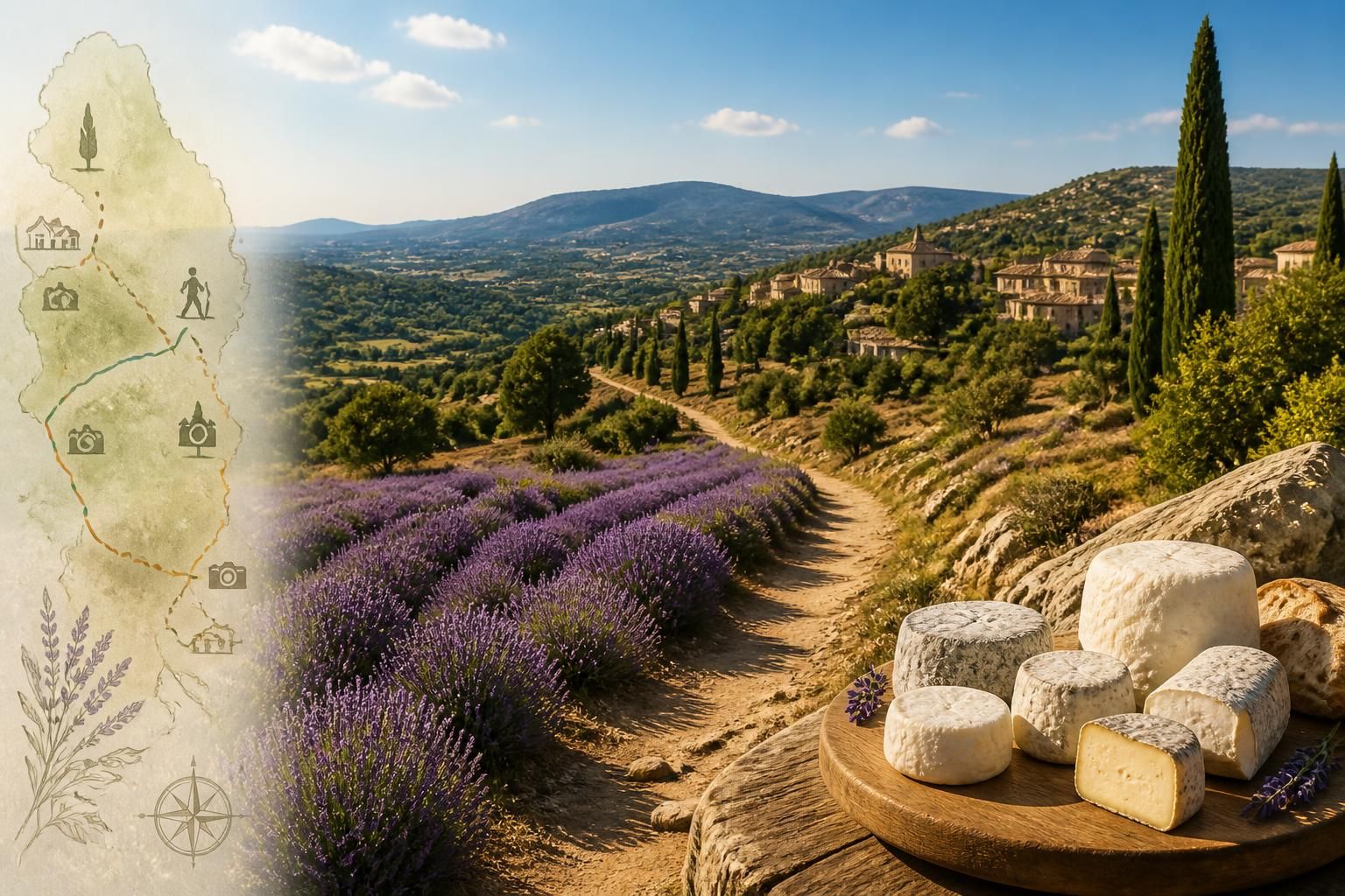 explorez le luberon à pied en suivant les sentiers parfumés de lavande et dégustez les savoureux fromages de chèvre provençaux pour une expérience authentique.