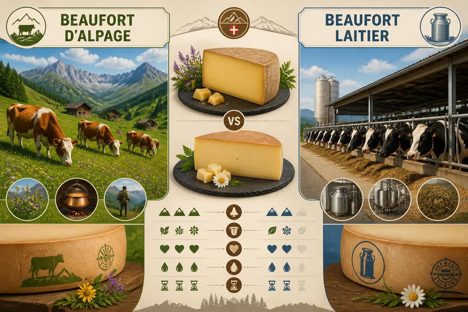 découvrez les différences de goût entre le beaufort d'alpage et le beaufort laitier, et apprenez à les reconnaître facilement en magasin pour choisir le fromage qui vous convient.