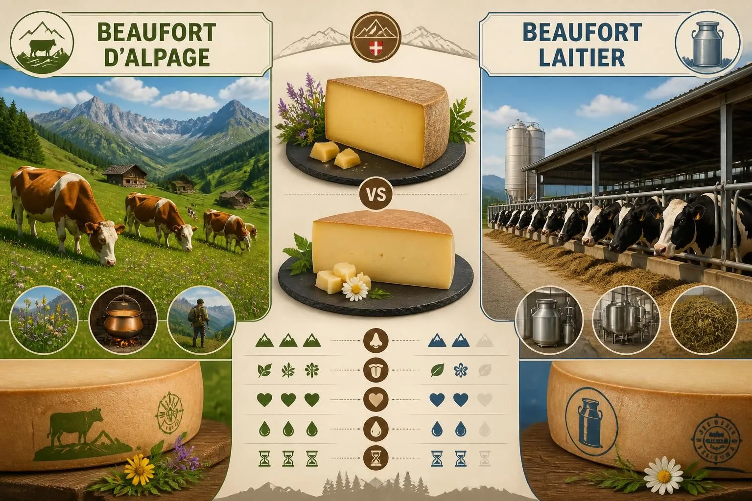 découvrez les différences de goût entre le beaufort d'alpage et le beaufort laitier, et apprenez à les reconnaître facilement en magasin pour choisir le fromage qui vous convient.