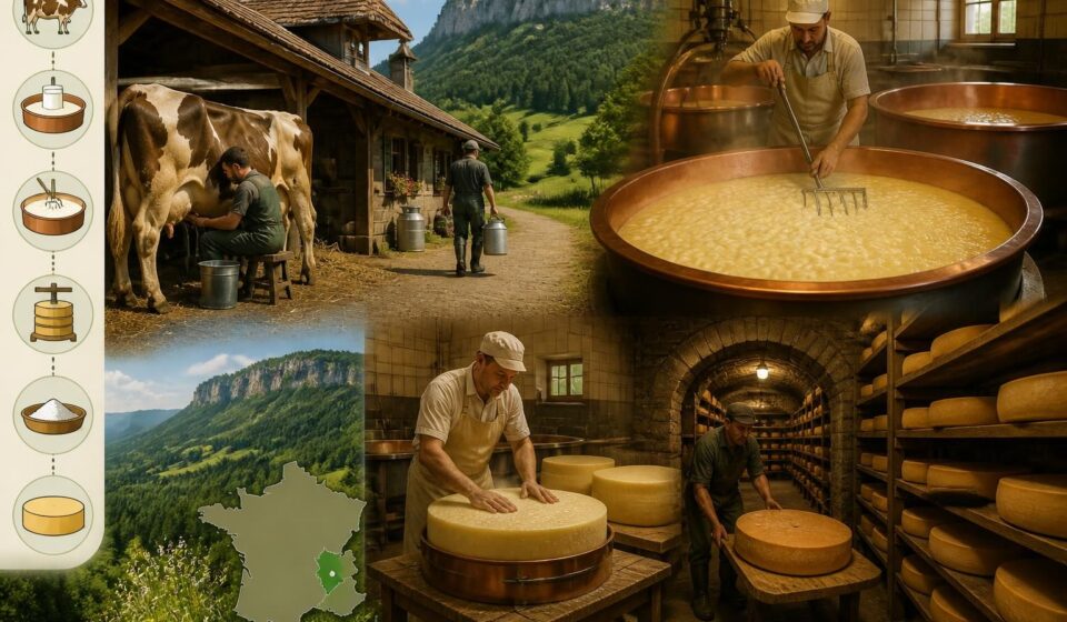 découvrez le voyage du comté aop, de la traite des vaches à la cave d'affinage dans le jura, et comprenez les étapes clés de sa fabrication traditionnelle.