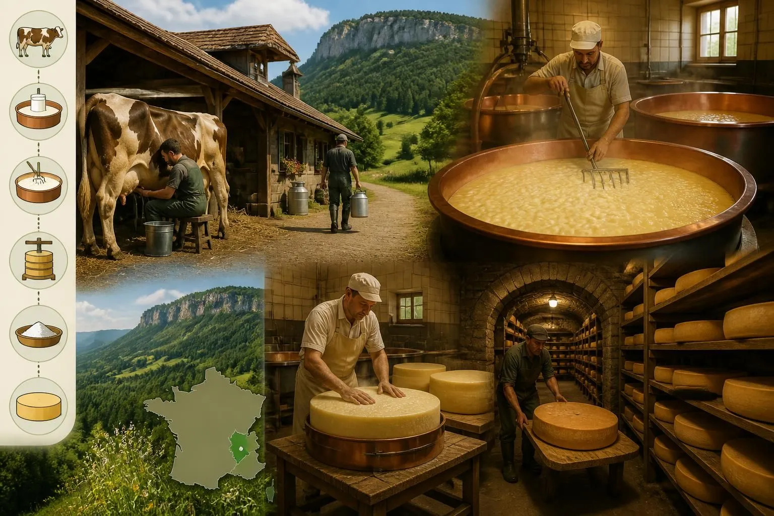 découvrez le voyage du comté aop, de la traite des vaches à la cave d'affinage dans le jura, et comprenez les étapes clés de sa fabrication traditionnelle.