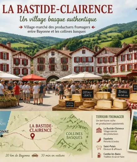 découvrez la bastide-clairence, charmant village-marché au pays basque, réputé pour ses producteurs fromagers authentiques, situé entre bayonne et les collines basques.
