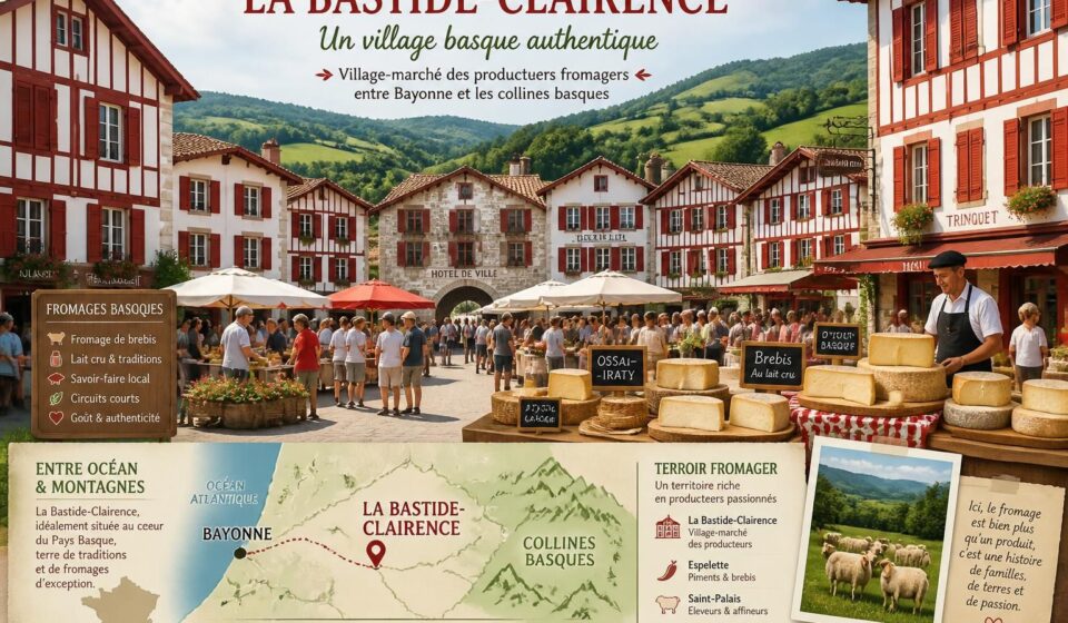 La Bastide-Clairence au Pays Basque : le village-marché des producteurs fromagiers entre Bayonne et les collines basques découvrez la bastide-clairence, charmant village-marché au pays basque, réputé pour ses producteurs fromagers authentiques, situé entre bayonne et les collines basques.