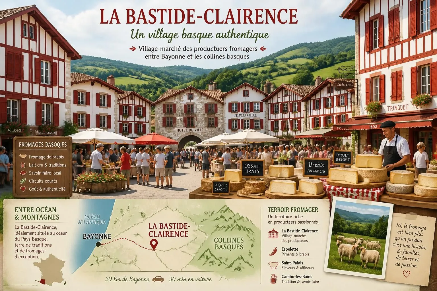 découvrez la bastide-clairence, charmant village-marché au pays basque, réputé pour ses producteurs fromagers authentiques, situé entre bayonne et les collines basques.