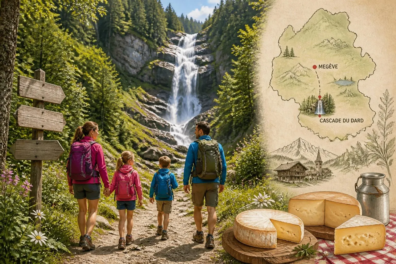 découvrez la cascade du dard à megève, une randonnée familiale incontournable en haute-savoie, et savourez les délicieux fromages authentiques du pays du mont-blanc.