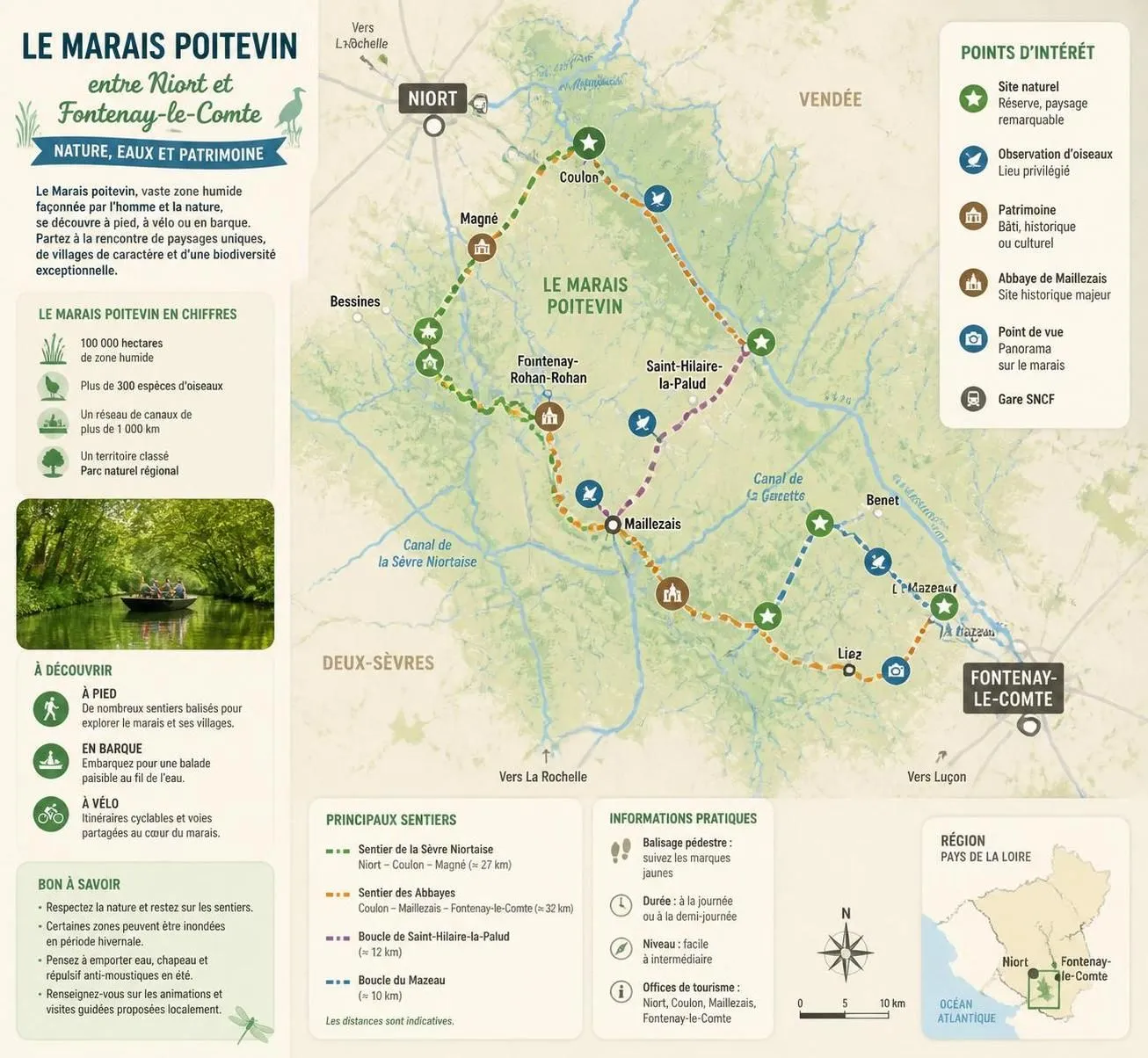 découvrez le marais poitevin à pied dans les deux-sèvres : explorez des sentiers authentiques entre polders, balades en barque et dégustation du chabichou du poitou, entre niort et fontenay.