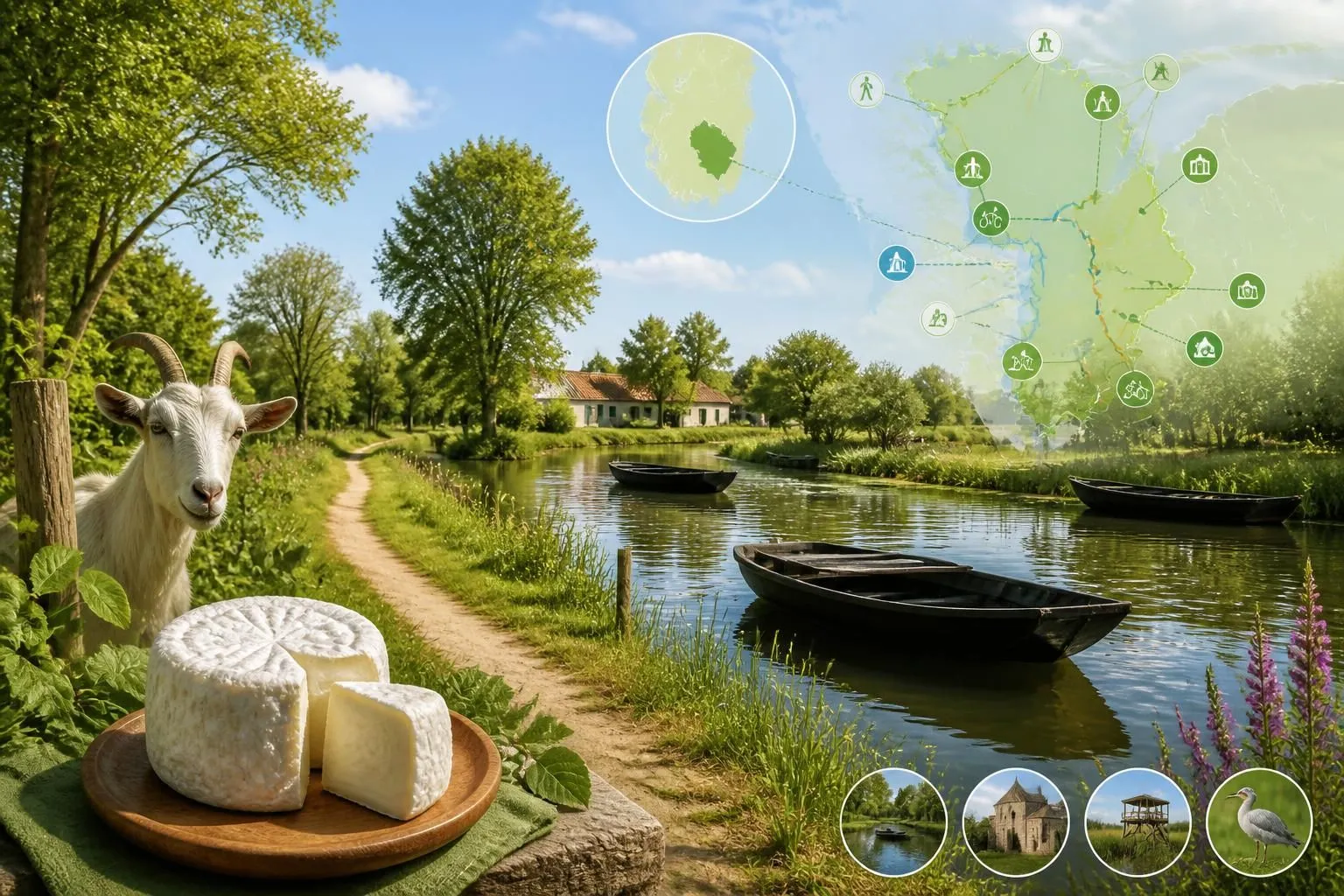 découvrez le marais poitevin à pied dans les deux-sèvres : explorez les sentiers entre polders, naviguez en barque et savourez le chabichou du poitou entre niort et fontenay.