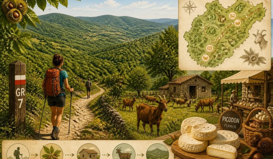 découvrez les monts d'ardèche à pied sur le sentier gr7, entre châtaigneraies authentiques, picodon fermier savoureux et rencontres avec les chevriers de l'ardèche verte.