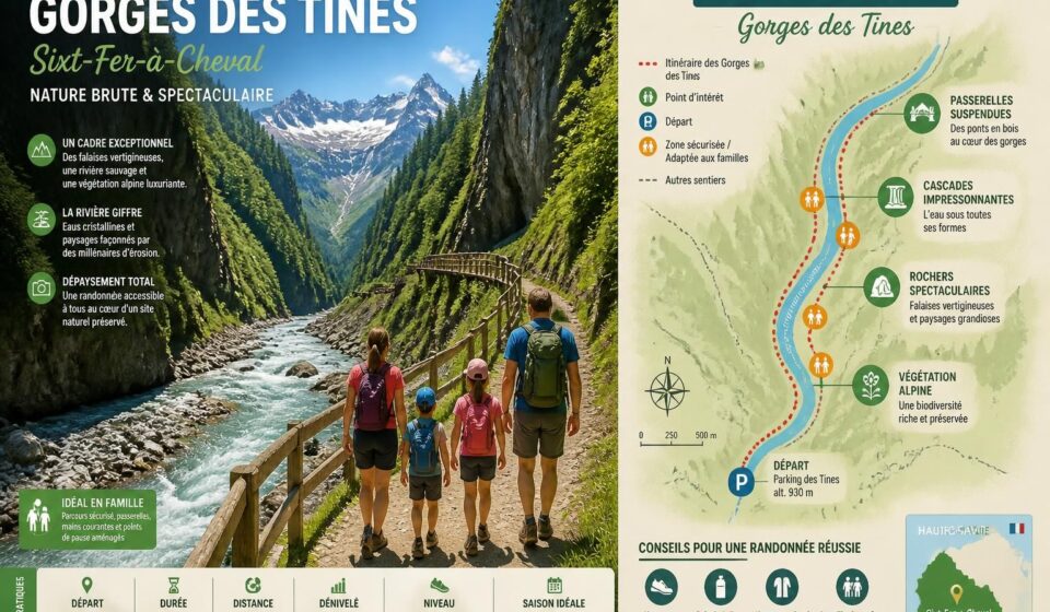 Les gorges des Tines à Sixt-Fer-à-Cheval : randonnée familiale dans les failles creusées par la rivière Giffre découvrez les gorges des tines à sixt-fer-à-cheval, une randonnée familiale unique à travers les falaises sculptées par la rivière giffre, idéale pour petits et grands.