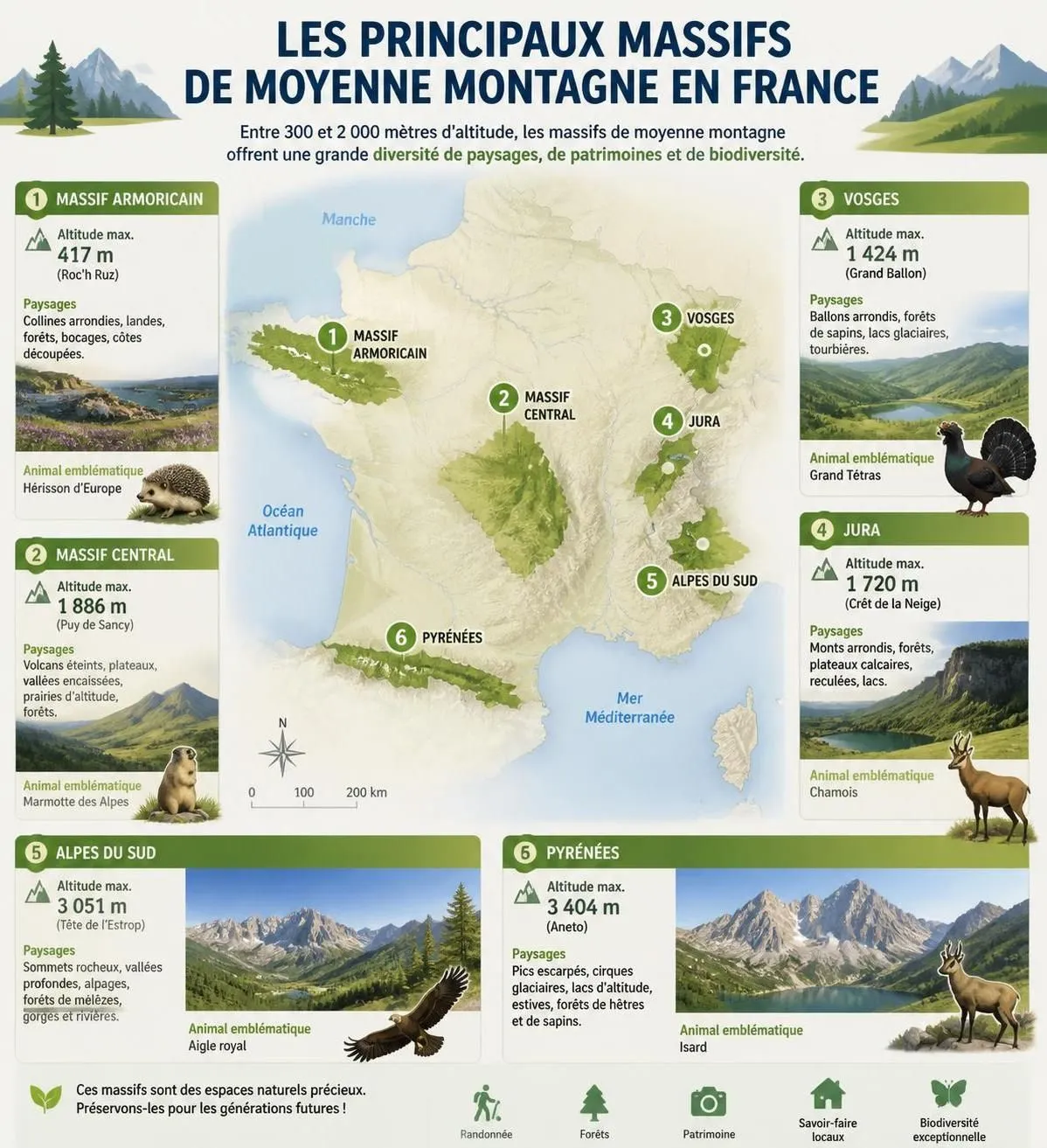 découvrez les massifs de moyenne montagne entre 1 000 et 1 800 m, des lieux souvent méconnus et peu fréquentés pour vos randonnées à couper le souffle.