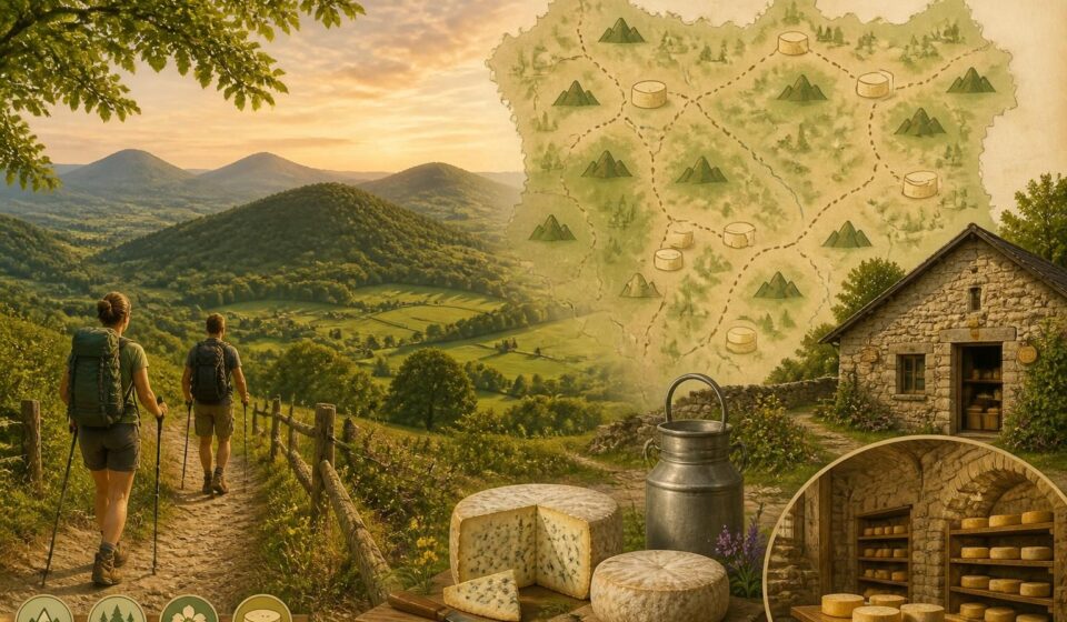découvrez le livradois-forez à pied dans le puy-de-dôme : explorez les volcans éteints majestueux et dégustez la célèbre fourme d'ambert, un trésor fromager local.