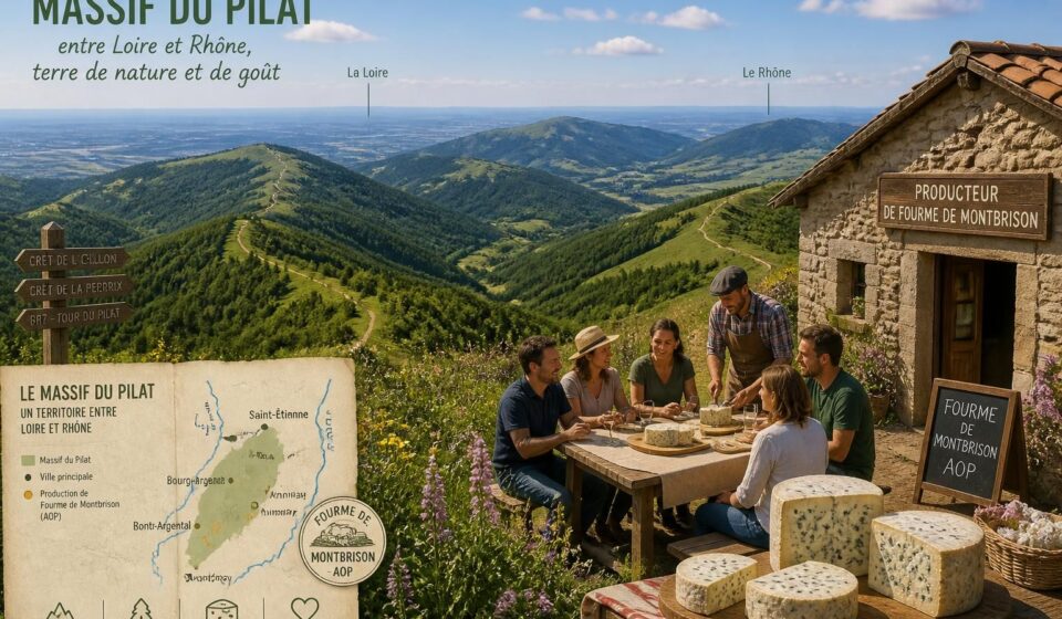 découvrez le massif du pilat dans la loire, ses crêtes offrant des vues entre rhône et loire, et profitez d'une halte gourmande chez les producteurs de la célèbre fourme de montbrison.