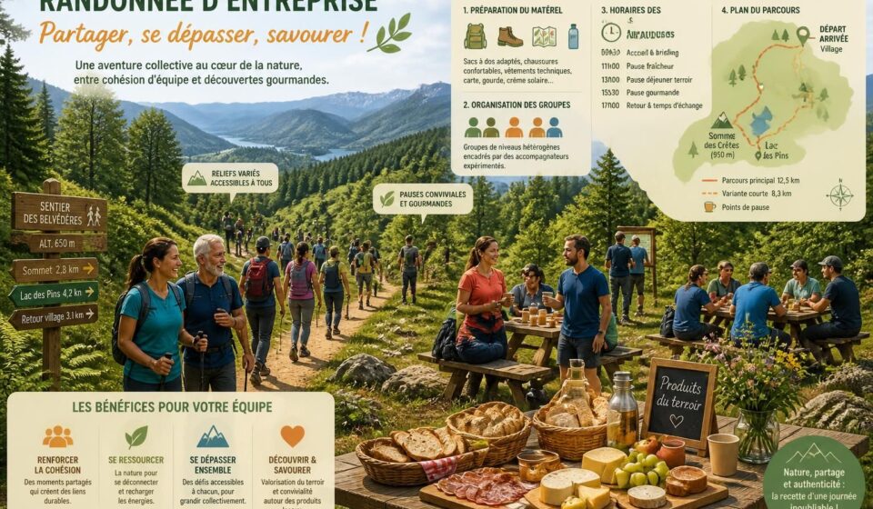 découvrez comment organiser une randonnée d'entreprise réussie en gérant la logistique, en adaptant les niveaux hétérogènes des participants et en profitant de pauses terroir pour renforcer la cohésion d'équipe.